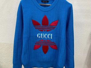 Replica Designer Gucci Jacquard Embroidery Letters Blue Sweater