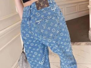 Replica Designer Louis Vuitton Fashion Letter Print Blue High Waist Jeans